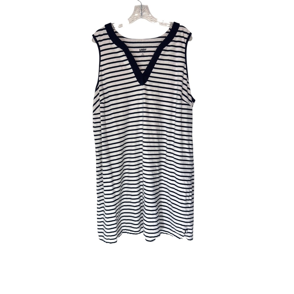 Lands' End Dress Midi Plus Blue White Striped Nautical Sleeveless Casual Size 2X
